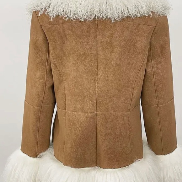 Luxurious Brown & Off White Mongolian Fur Penny Lane Retro 70s Jacket Coat - Picture 7 of 7
